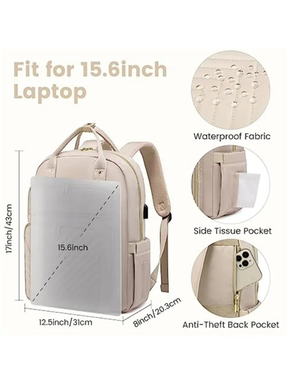 Laptop Backpack 15.6 Inch Travel Work Bag USB Charging Large Capacity 16 Pocket